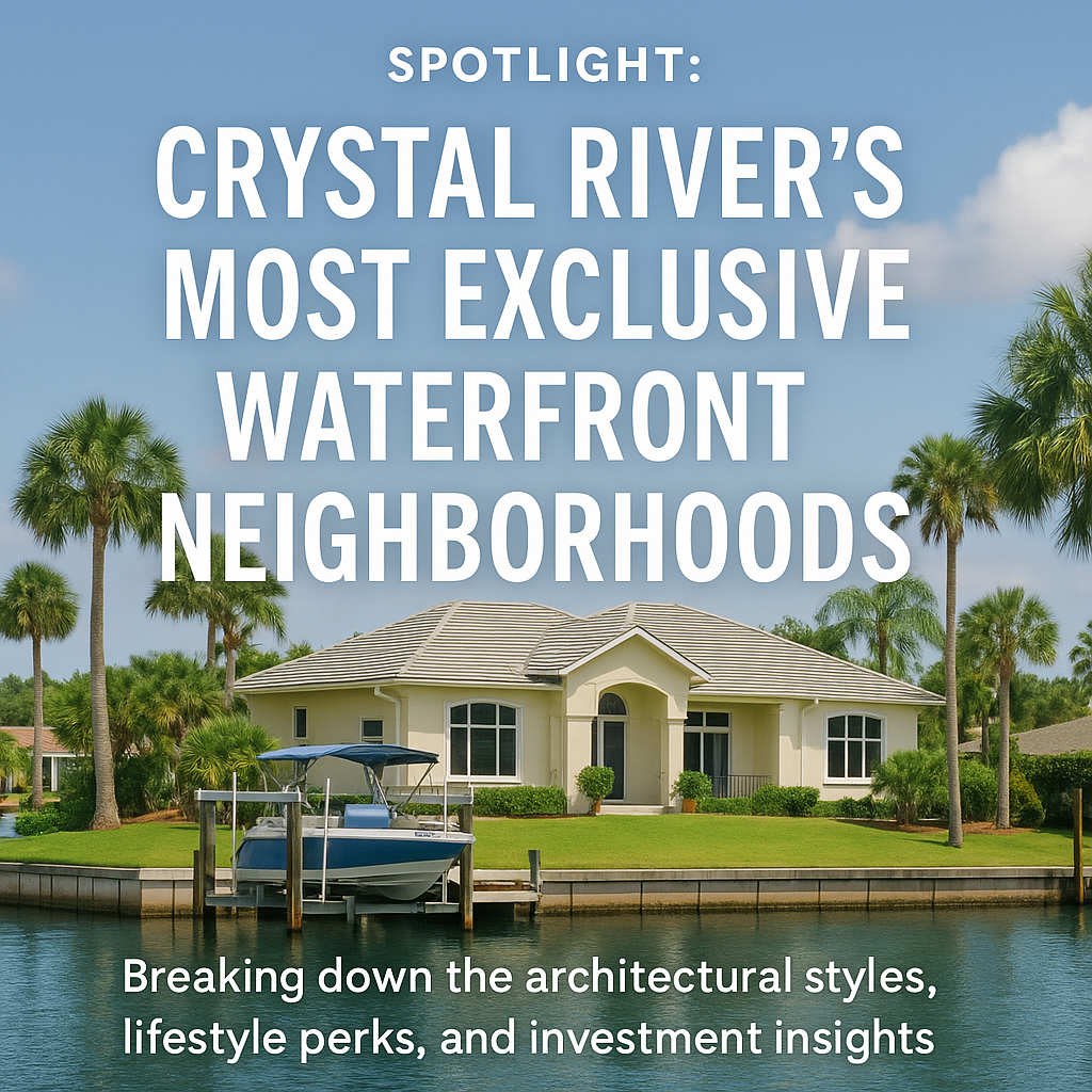 A stunning waterfront home in Crystal River, Florida, featuring a white boat docked out front, surrounded by lush palm trees and calm bay waters—pure Gulf Coast luxury vibes.
