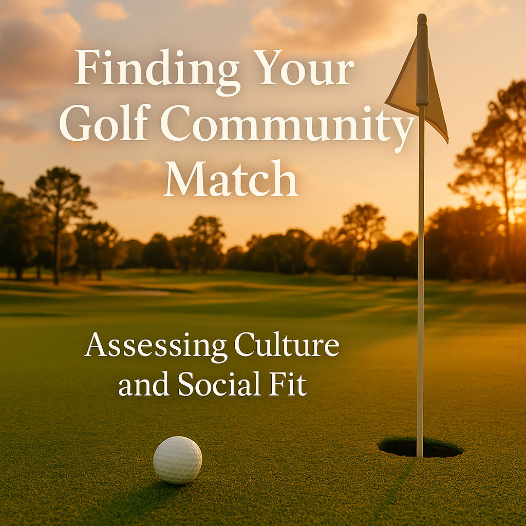 A scenic golf course at sunset with a white golf ball near the hole and a flagstick, framed by silhouetted trees and soft golden light—perfectly capturing the calm, upscale vibe of Florida golf communities.